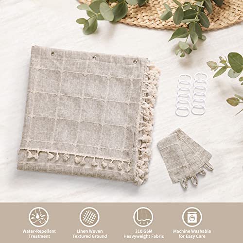 Boho Farmhouse Classic Plaid Double Swag Tassel Shower Curtain Tan,72x72 | 310GSM Linen Blend Heavy Duty Cloth,Double Swag Design,3-side Tassels,Wrinkle Resistant,Rustic Bohemian,Water Repellent - color: Tan Brown, size: 71"W x 71"L (Pack of 1)