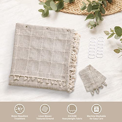 Boho Farmhouse Classic Plaid Double Swag Tassel Shower Curtain Tan,72x72 | 310GSM Linen Blend Heavy Duty Cloth,Double Swag Design,3-side Tassels,Wrinkle Resistant,Rustic Bohemian,Water Repellent - color: Tan Brown, size: 71"W x 71"L (Pack of 1)