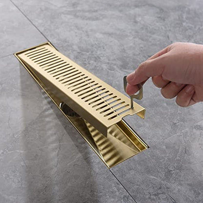 12 Inch Brushed Gold Linear Shower Drain, Removable Rectangle Shower Drain Capsule Pattern Cover Grate With Adjustable Horizontal Foot Thread Adapter, Brass Finish 304 Stainless