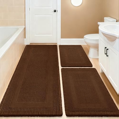 IM HOME Waffle Bath Mat Set 3 Piece, Boho Woven Modern Bath Rug Absorbent Non Slip, Soft Bathroom Mats, Machine Washable Knit Bath Rugs with Tassels for Bathroom, Bedroom, Kitchen, Shower, Tub, Brown - color: Brown-looped, size: 48" x 24" + 36" x 24" + 24
