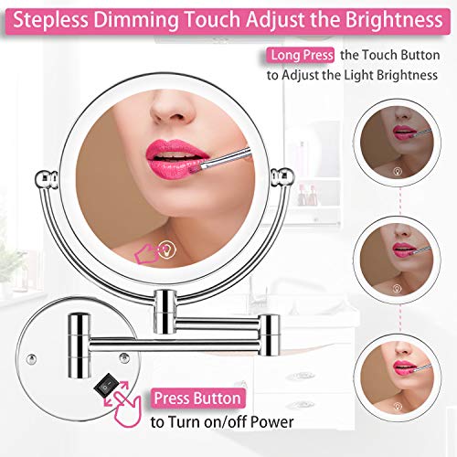 Wall Mounted Lighted Makeup Mirror, 8 Inch Double-Sided 1X 5X Magnifying Mirror for Bathroom, 11'' Extendable Arm, 360° Swivel, Touch DimmableLED Lights, Powered by Plug in, Chrome
