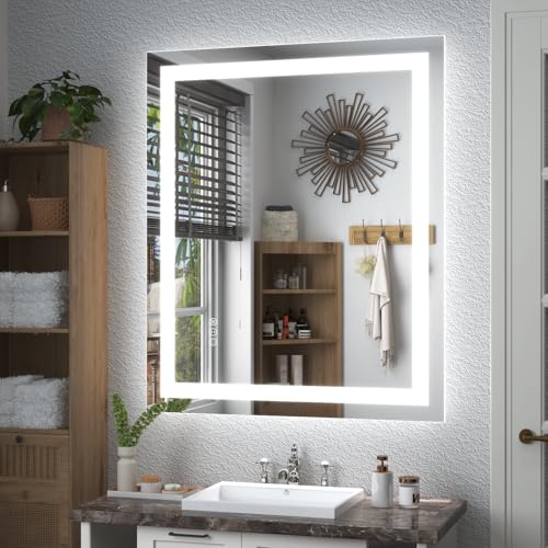 32x36 LED Lighted Bathroom Mirror for Vanity Wall | Front Light and Backlit, Anti-Fog, Memory, 3 Color, Tempered Glass, Dimmable, Rectangular, UL, Horizontal/ Vertical Mounted - color: Rectangular Led Bathroom Mirror, size: 36"L x 32"W
