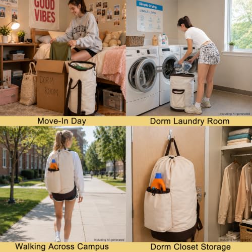 Seiritex Laundry Bag Backpack with Shoulder Straps and Detergent Holder Clothes, Travel Laundry Backpack Bag Hamper for College (Khaki w Brown) - color: Khaki w Brown