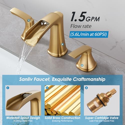 Brushed Gold Waterfall Bathroom Faucet, Sanliv 3-Piece Widespread Bathroom Sink Faucets, 2-Handle Vanity Faucet for 3-Hole Sinks 4-8 Inch with Pop-Up Drain, Brushed Gold - color: Brushed Gold