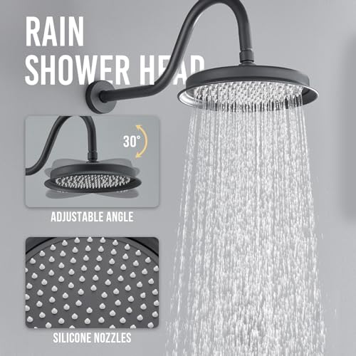 DASAN Antique Shower Faucet Sets Complete Rain Shower System in Wall with Body Shower Spray Jets, Matte Black Shower Fixtures with 9’’ Rainfall Overhead Shower, Handheld, Valve & Trim Kit, AT249W-MB - color: Matte Black