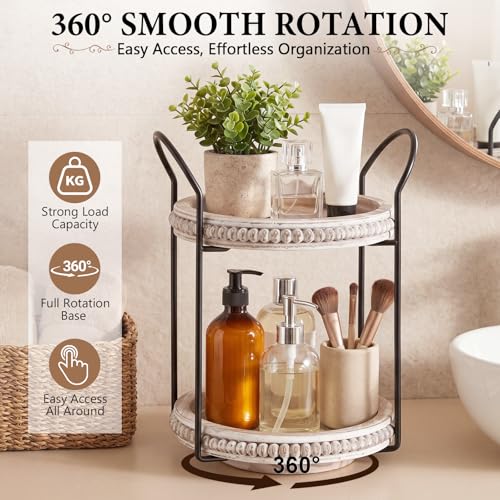 Qunclay 360 Rotating 2 Tier Wooden Tray Organizer Rustic Farmhouse Vanity Storage Large Capacity Round Organizer with Iron Frame for Cosmetics Perfume Skincare Kitchen Counter Bathroom Coffee Station