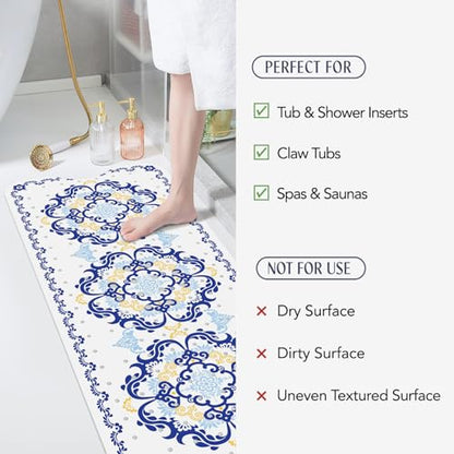 SHUCHING Blue Bath Mat for Tub Non Slip-40x16 Inch, Boho | Bathtub Mat for Elderly Mold Free, Long Shower Mat for Inside Shower with Suction Cup, Machine Washable - color: Blue Flower