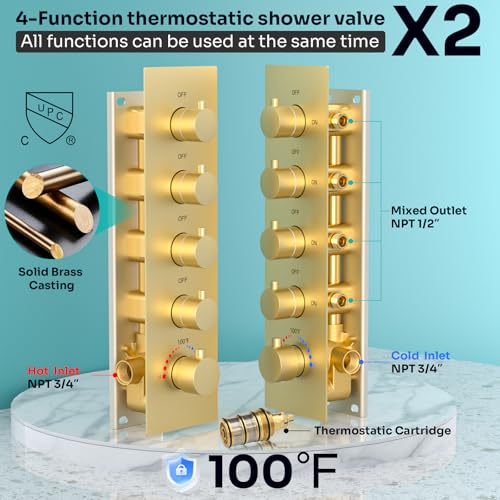 HOMEDEC Dual Shower System for Two, LED 14x20" & 6" Shower Heads, 4-Way Diverter Valves, Shower Faucet Set with Body Jets & Handheld, Brushed Gold - color: Brushed Gold