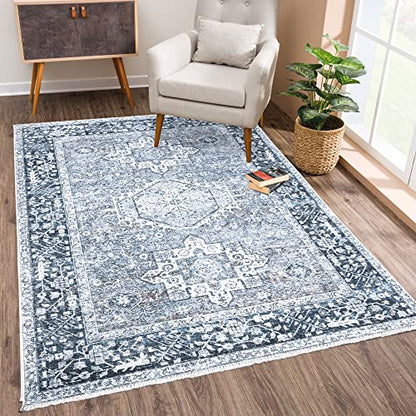 Bloom Rugs Caria Washable Non-Slip 3x5 Rug - Navy Blue Traditional Area Rug for Living Room, Bedroom, Dining Room, and Kitchen - Exact Size: 3' x 5' - color: Navy Blue, size: 3' x 5' (Rectangular)