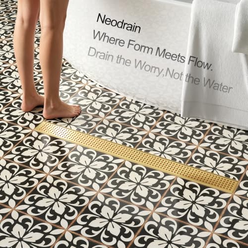 Neodrain 30" Linear Shower Drain, Gold 304 SS Bathroom Linear Drain,cUPC | Gold Shower Drain with Quadrato Grate& Adjustable Feet, Long Rectangle Shower Floor Drain in Bathroom, Balcony etc - color: Golden, size: 30 In