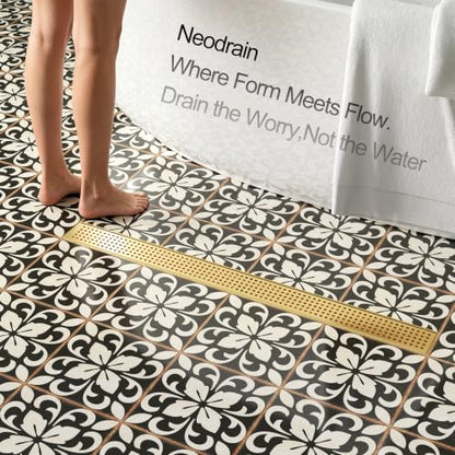 Neodrain 30" Linear Shower Drain, Gold 304 SS Bathroom Linear Drain,cUPC | Gold Shower Drain with Quadrato Grate& Adjustable Feet, Long Rectangle Shower Floor Drain in Bathroom, Balcony etc - color: Golden, size: 30 In