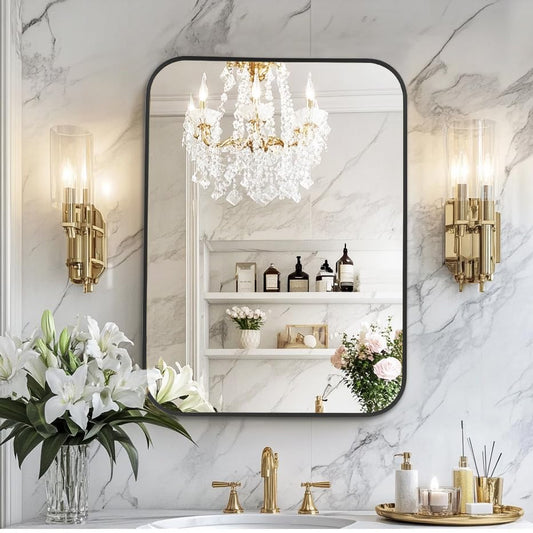 MZON 30x36 Inch Matte Black Wall Mirror, Large Rounded Rectangle Mirror for Living Room or Bathroom, Anti-Rust Frame & Tempered Glass, Horizontal/Vertical Mount - Luxe & Modern Wall Decor - color: Black, size: 36"L x 30"W