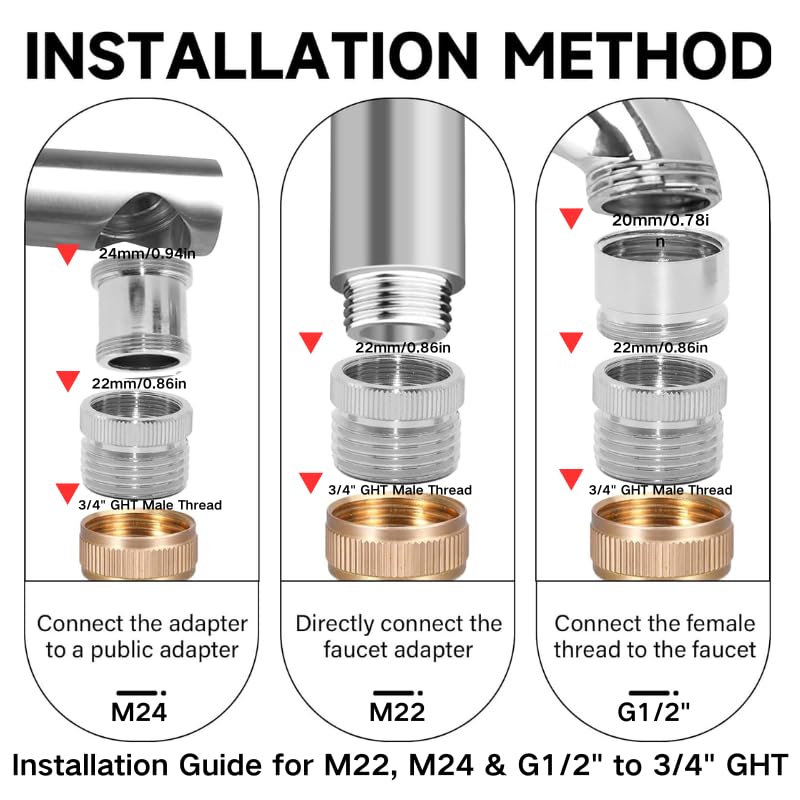 3-Piece Faucet to Garden Hose Adapter Kit, Solid Brass Sink Faucet Connector with Aerator for Kitchen & Bathroom, Fits G1/2", 55/64", 15/16" Faucets to 3/4" GHT Hose, Includes Washers & Tape