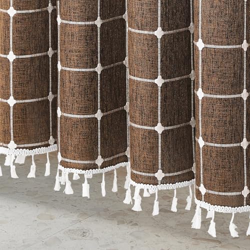 Boho Farmhouse Classic Plaid Linen Tassel Shower Curtain Brown,36x72 | Small Stall Half Size,310GSM Linen Blend Heavy Duty Cloth,3-side Tassels,Wrinkle Resistant,Rustic Bohemian Country design - color: Brown, size: 36"W x 72"L (Pack of 1)