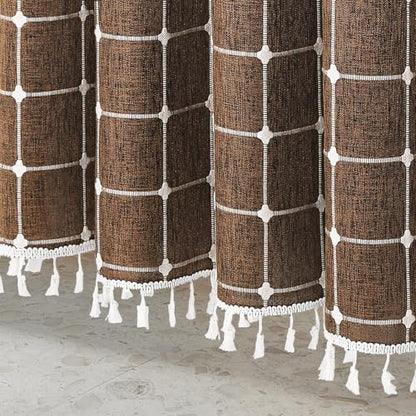 Boho Farmhouse Classic Plaid Linen Tassel Shower Curtain Brown,36x72 | Small Stall Half Size,310GSM Linen Blend Heavy Duty Cloth,3-side Tassels,Wrinkle Resistant,Rustic Bohemian Country design - color: Brown, size: 36"W x 72"L (Pack of 1)