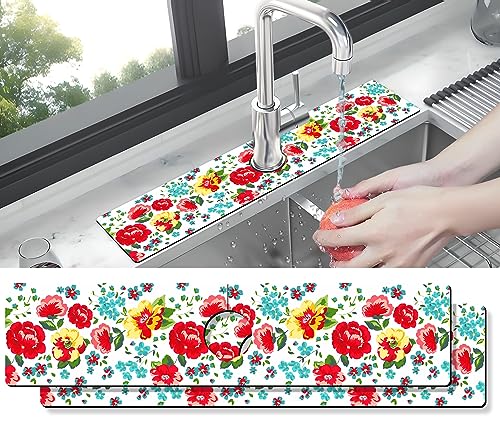 Kitchen Sink Splash Guard Faucet Mat -2 PC Super Absorbent Fast Drying Mat Sink Gadgets-Splash Guard Behind Faucet Drip Catcher for Kitchen, Bathroom,Sink Mat, Dish Drying Mat, Bathroom(23.5" X 5.5" ) - color: Beautiful Flower, size: 23.5" x 5.5" (2 Pack)