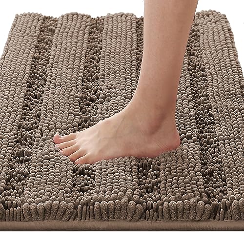 H.VERSAILTEX Bathroom Rugs Bath Rugs for Bathroom Non Slip Bath Mats Extra Thick Chenille Striped Rug 17" x 24" Absorbent Soft Shaggy Washable Dry Fast Bath Mats for Bath Room Floor - Taupe Brown - color: Taupe Brown, size: 17" x 24"