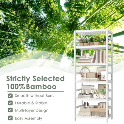 FOTOSOK 6-Tier Bamboo Shelf with Adjustable Shelves, Bamboo Kitchen Cabinet | Tall Bamboo Bookshelf and Plant Shelf with 250-lb Shelf Capacity for Laundry Bathroom Kitchen Pantry Home Office - color: White