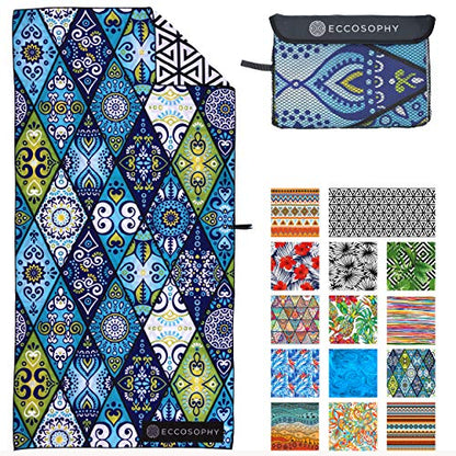 Microfiber Beach Towel - Quick Dry, Sand Free and Oversized 71x35 | Super absorbent, lightweight, swimming, gym, extra large, pool, cruise, camping, yoga, travel, compact, carry bag, vacation - color: Mykonos