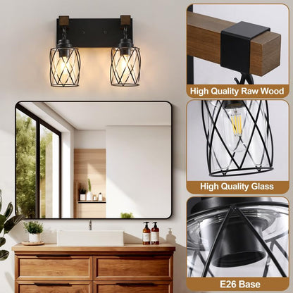 Bathroom Light Fixtures,Farmhouse Black Metal with Glass Shade | 2 Light Rustic Vanity Lights, Wood Accent Wire Cage Design, Mounts Over Mirror, Ideal for Bedroom & Hallway,Easy to Install - size: 2-Light