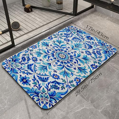 Blue Flower Bathroom Rug, Rapid Dry Absorbent with Non-Slip Rubber Base Bath Mats for Bathroom 17"x30" - color: Blue Flower