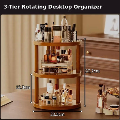 3-Tier Rotating Bamboo Makeup Organizer with Silent 360° Turntable, Large Capacity Desktop Storage Rack for Vanity, Kitchen, Coffee Station & Entryway