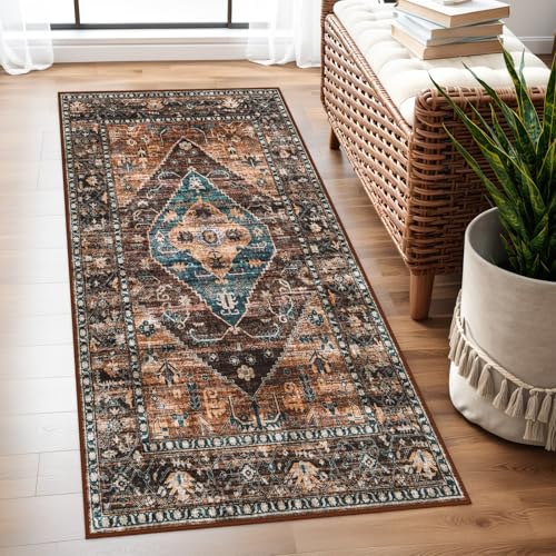 Lahome 2x4 Washable Entryway Runner Rug - Non-Slip Ultra-Thin Stain Resistant Kitchen Rugs, Oriental Print Carpet Runner for Hallway Bedroom Laundry Room Adelyn - color: Dull Teal, size: 2' x 4' (Rectangular)