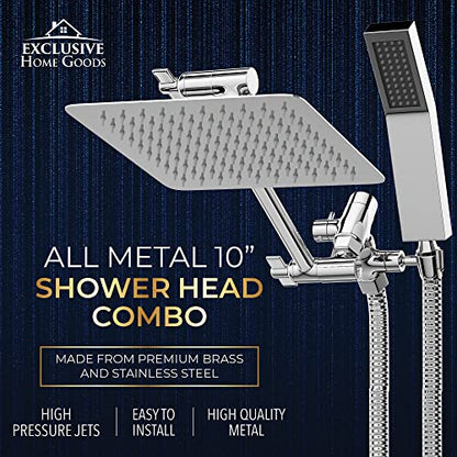 All Metal Shower Head 10" Dual Square Shower Head With Handheld Wand 71in Hose Set, High Pressure Rain Shower Heads Combo, 3-Way Diverter Rainfall Showerhead with Adjustable Extension Arm - color: Deluxe Chrome, size: 10 Inches, 2.5 GPM
