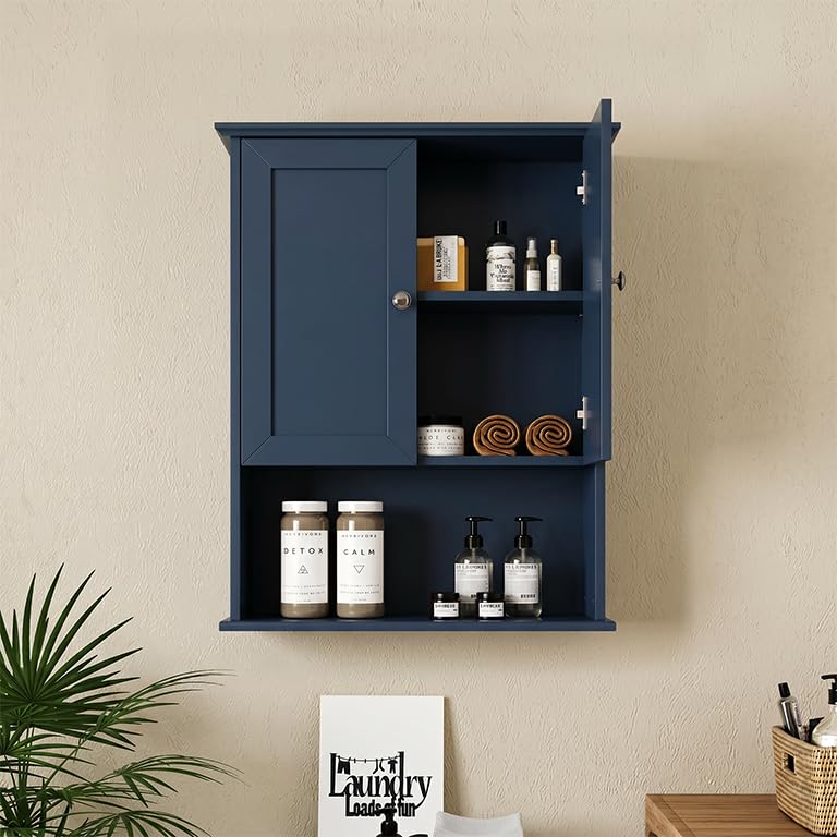 Medicine Cabinet, Over The Toilet Storage Cabinet, 24x30 Inch Wall Mount Bathroom Storage Cabinet with 2 Doors & Adjustable Shelf, Wooden Bathroom Wall Cabinet, Navy Blue - color: Blue