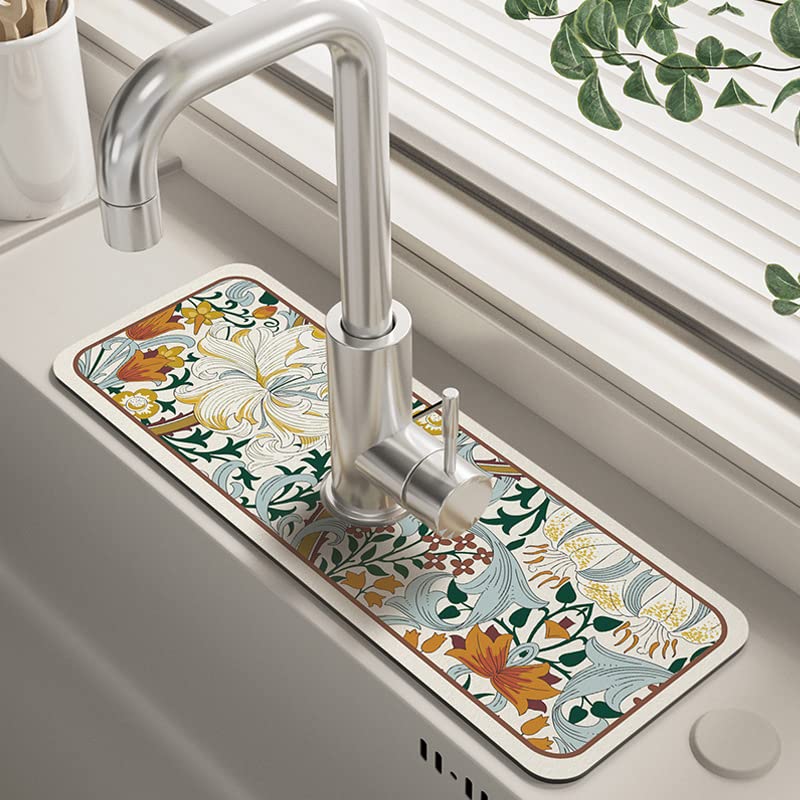 14.96"×5.43" Diatomite Sink Faucet Absorbing Mat, Reusable Drying Mat Splash Guard for Kitchen Bathroom Counter, Sink Drip Catcher & Organizer - style: Flower-2
