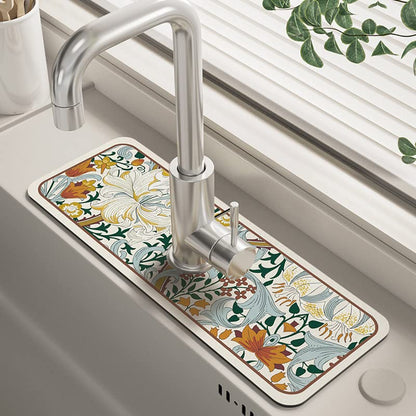 14.96"×5.43" Diatomite Sink Faucet Absorbing Mat, Reusable Drying Mat Splash Guard for Kitchen Bathroom Counter, Sink Drip Catcher & Organizer - style: Flower-2