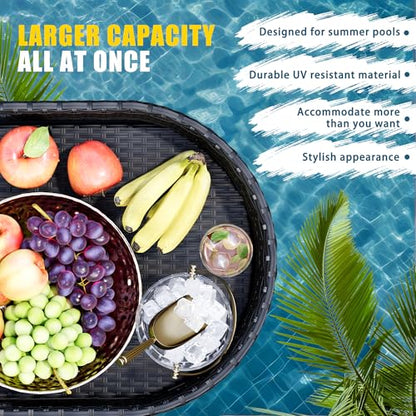 Devoko Pool Floating Tray 38”x20” Wicker Swimming Pool Drink Holders, Black | Large Oval Portable Serving Tray with Handles Wicker Swimming Pool Bar Accessories Floating Table for Adults, Spas, Parties - color: Black