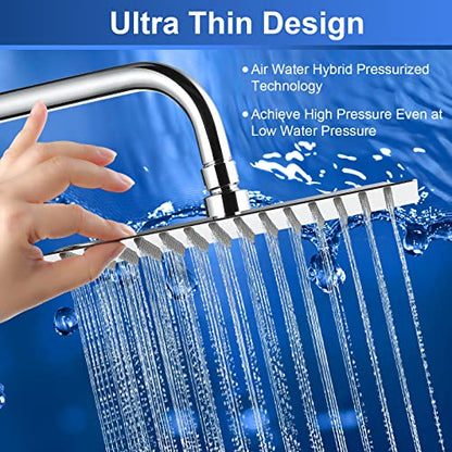 Rain Shower Head - 10 Inch High Pressure Shower Heads 304 Stainless Steel Ultra Thin Square Showerhead Pressure Boosting Design, Ceiling or Wall Mount
