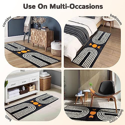 Boho Bathroom Runner - 20"x47" Long Abstract Bath Mat, Soft Plush Fluffy Non Slip Washable Black Rug for Bedroom/Hallway - color: Black, size: 1'8" x 3'9" (Rectangular)