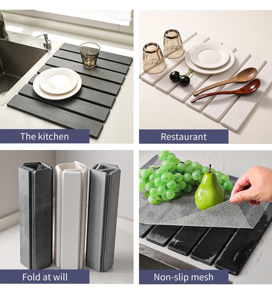 LILILI Stone Dish Drying Mat for Kitchen Counter, Foldable Fast Absorbent Diatomaceous Earth Drying Pad, Non-Slip Kitchen Counter Mat for Dishes, Utensils, Space-Saving, Quick Dry,16" x 12"