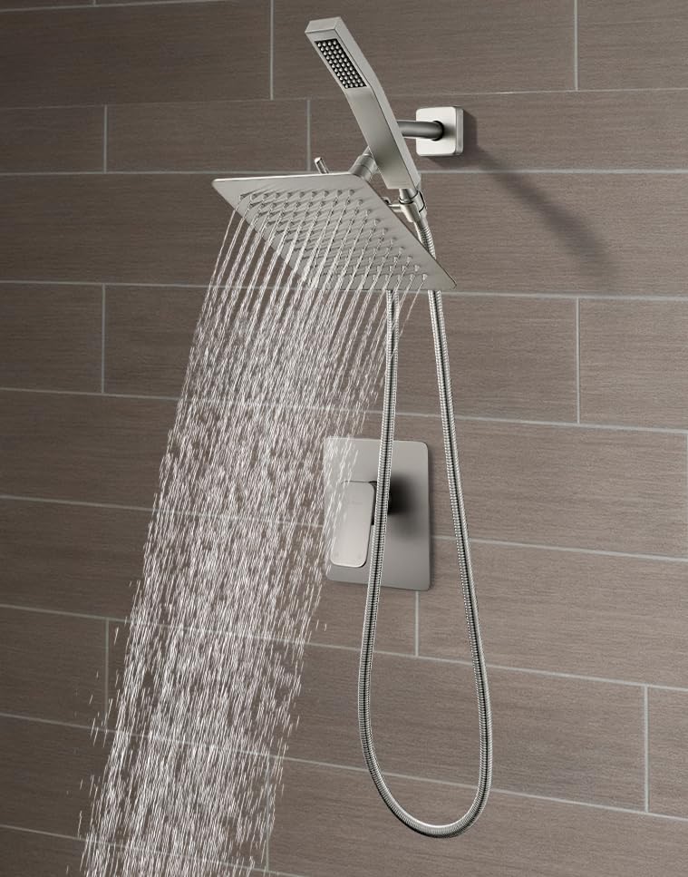 G-Promise Rain Shower Head and Handle Set for Modern Bathroom Upgrade | All Metal, Built to Last, Including the Required Accessories, Modern Upgrade, Extra Flexible Long Lose - color: Brushed Nickel