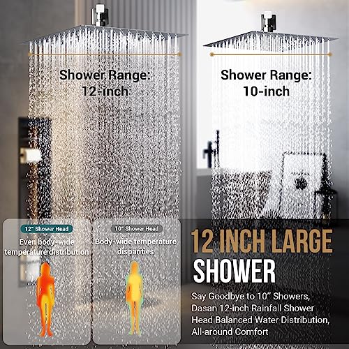 Full Body Rain Shower System with 4 Body Shower Jets & 12’’ Wall Mount Rainfall Shower Head & Handheld, DASAN Multi Shower Head System Chrome Rain Shower Faucets sets Combo with Rough-in Valve - color: Chrome