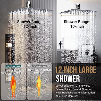 Full Body Rain Shower System with 4 Body Shower Jets & 12’’ Wall Mount Rainfall Shower Head & Handheld, DASAN Multi Shower Head System Chrome Rain Shower Faucets sets Combo with Rough-in Valve - color: Chrome