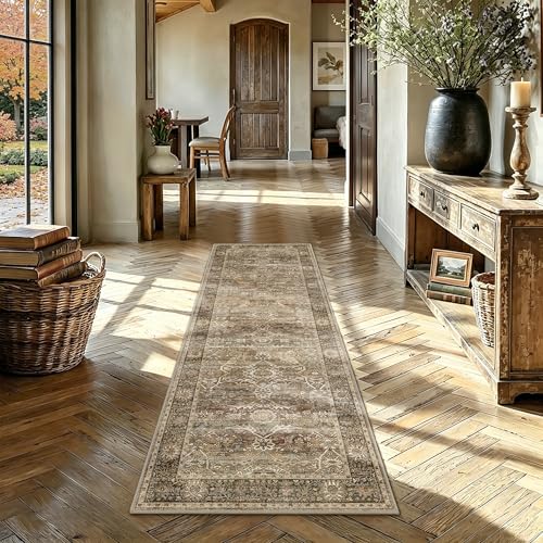 2x6 Brown Runner Rug Vintage Washable Runner Rugs for Hallway Kitchen | Boho Hallway Runner Rug Soft Low Pile Non-Slip Retro Distressed Long Throw Carpet for Entryway Bathroom Bedroom - color: Brown, size: 2'*6'(Runner)