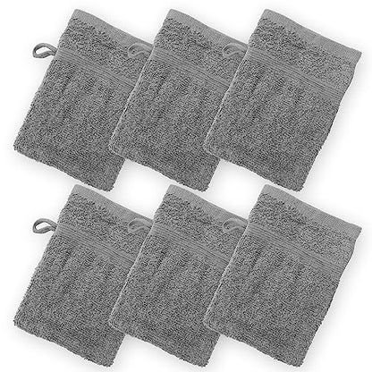 High Rise Stripe 6 Pack 6 x 8.5 Wash Mitt Set, Low Twist, Highly Absorbent, Gentle Hand and Face Cloth, European Style with Loop, Grey - color: Grey