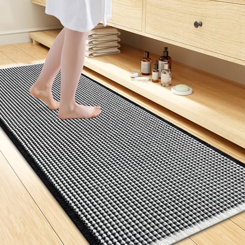 Smiry Waffle Bath Mat 60X24, Soft Absorbent Bathroom Rugs, Black & Cream | Non Slip Machine Washable Quick Dry Bath Rugs for Bathroom Floor, Tub, Shower, Home Decor Accessories - color: Black & Cream, size: 60'' X 24''