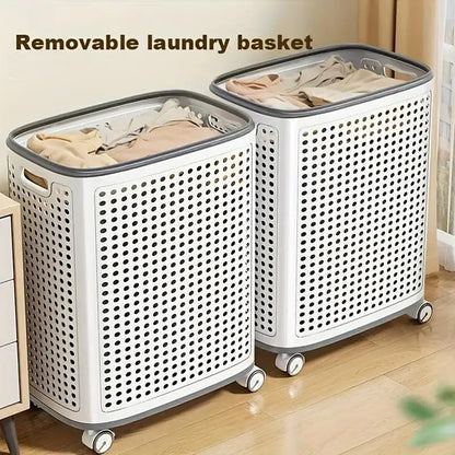 Rolling Laundry Hamper with Lid, Perforated Metal Design, L Size, Portable Handle, Smooth Edges, Ventilated Basket with Wheels, 23.8x16.7x12.9 Inches