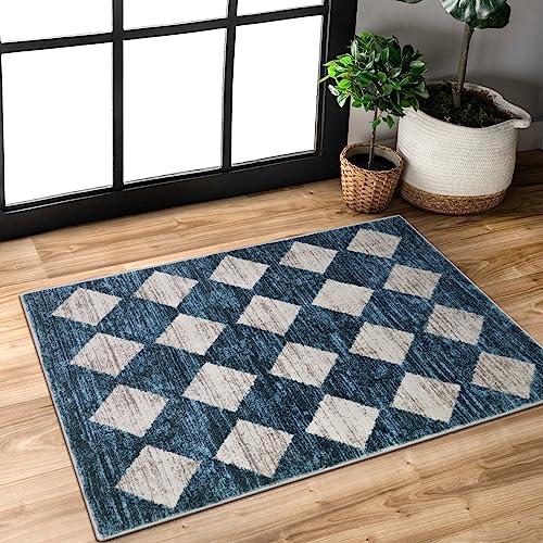 Lahome Moroccan Trellis Area Rug - 2x3 Small Indoor Front Door Mat Non Slip Entryway Throw Rug, Checkered Soft Washable Modern Carpet for Kitchen Bathroom Hard Wood Floor Rug, Blue - color: Blue, size: 2' x 3' (Rectangular)