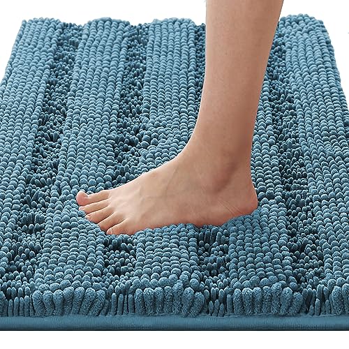 H.VERSAILTEX Bathroom Rugs Bath Rugs for Bathroom Non Slip Bath Mats Extra Thick Chenille Striped Rug 17" x 24" Absorbent Soft Shaggy Washable Dry Fast Bath Mats for Bath Room Floor - Turquoise Blue - color: Turquoise Blue, size: 17" x 24"