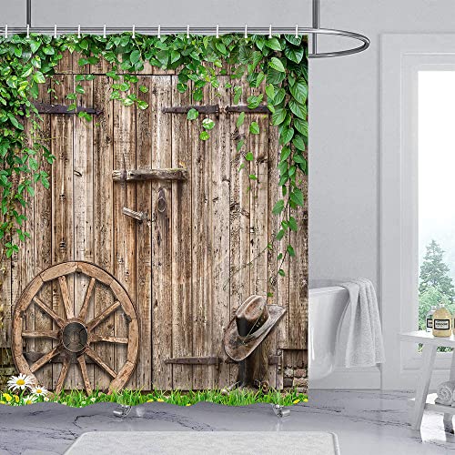 Rustic Farmhouse Country Barn Door Shower Curtain for Bathroom,Wood Board Plank Country Vintage Green Leaves Garage Cabin Decor Curtains,Wooden Wheel Boots Bath Curtains with Hooks 47X64 in - color: Pattern 11, size: 47"W x 64"L (Pack of 1)