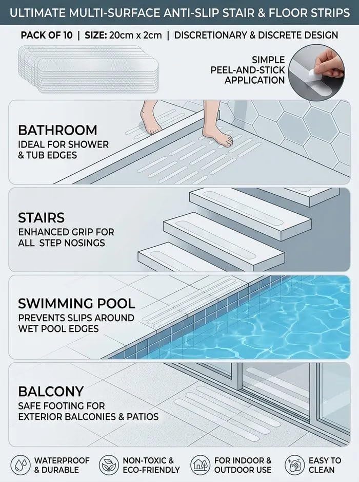 Clear Non Slip Grip Tape Strips 20 x 2 cm, Peel and Stick Stair Treads for Bathroom Shower Tub Pool Balcony, 10 Pack (Transparent,10) - color: Transparent