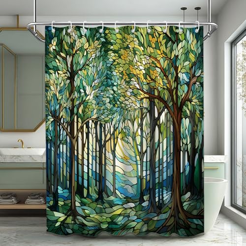 Small Stall Narrow Shower Curtain Green Forest Stand Up, 36 x 72 in | for Rv Camper Shower, Stained Glass Pattern Design, Bathroom Decor Sets Waterproof Cloth Fabric, Includes Hooks - color: Green, size: 36"W x 72"L (Pack of 1)