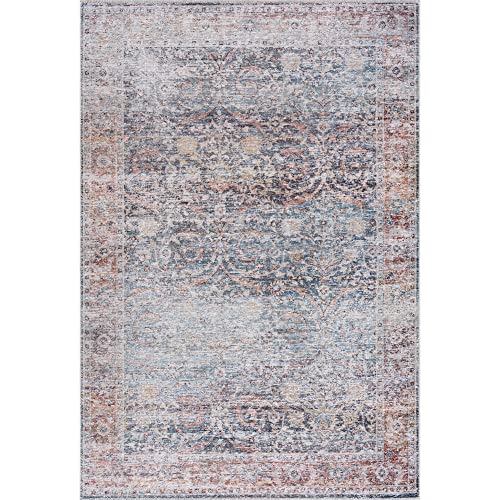 Bloom Washable Non-Slip 2x3 Blue/Red Boho Rug - Bathroom, Kitchen, Entryway - color: Ocean Blue / Brick, size: 2' x 3' (Rectangular)