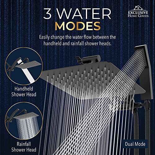 All Metal Shower Head 8" Dual Square Shower Head With Handheld Wand 71in Hose Set, High Pressure Rain Shower Heads Combo, 3-Way Diverter Rainfall Showerhead with Adjustable Extension Arm - color: Matte Black, size: 8 Inches, 1.8 GPM
