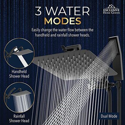 All Metal Shower Head 8" Dual Square Shower Head With Handheld Wand 71in Hose Set, High Pressure Rain Shower Heads Combo, 3-Way Diverter Rainfall Showerhead with Adjustable Extension Arm - color: Matte Black, size: 8 Inches, 2.5 GPM